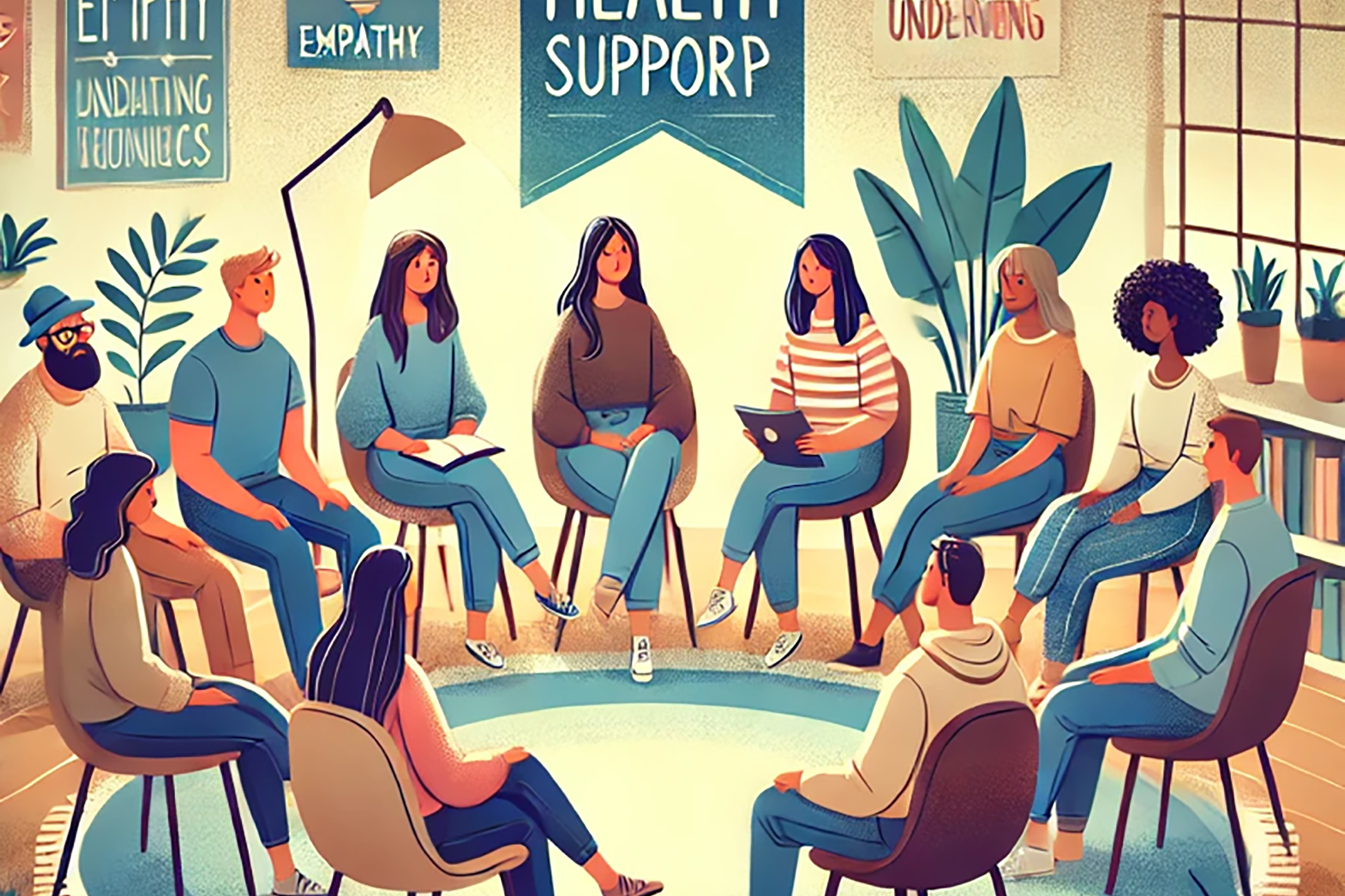 Illustration of a mental health support group promoting open conversations.