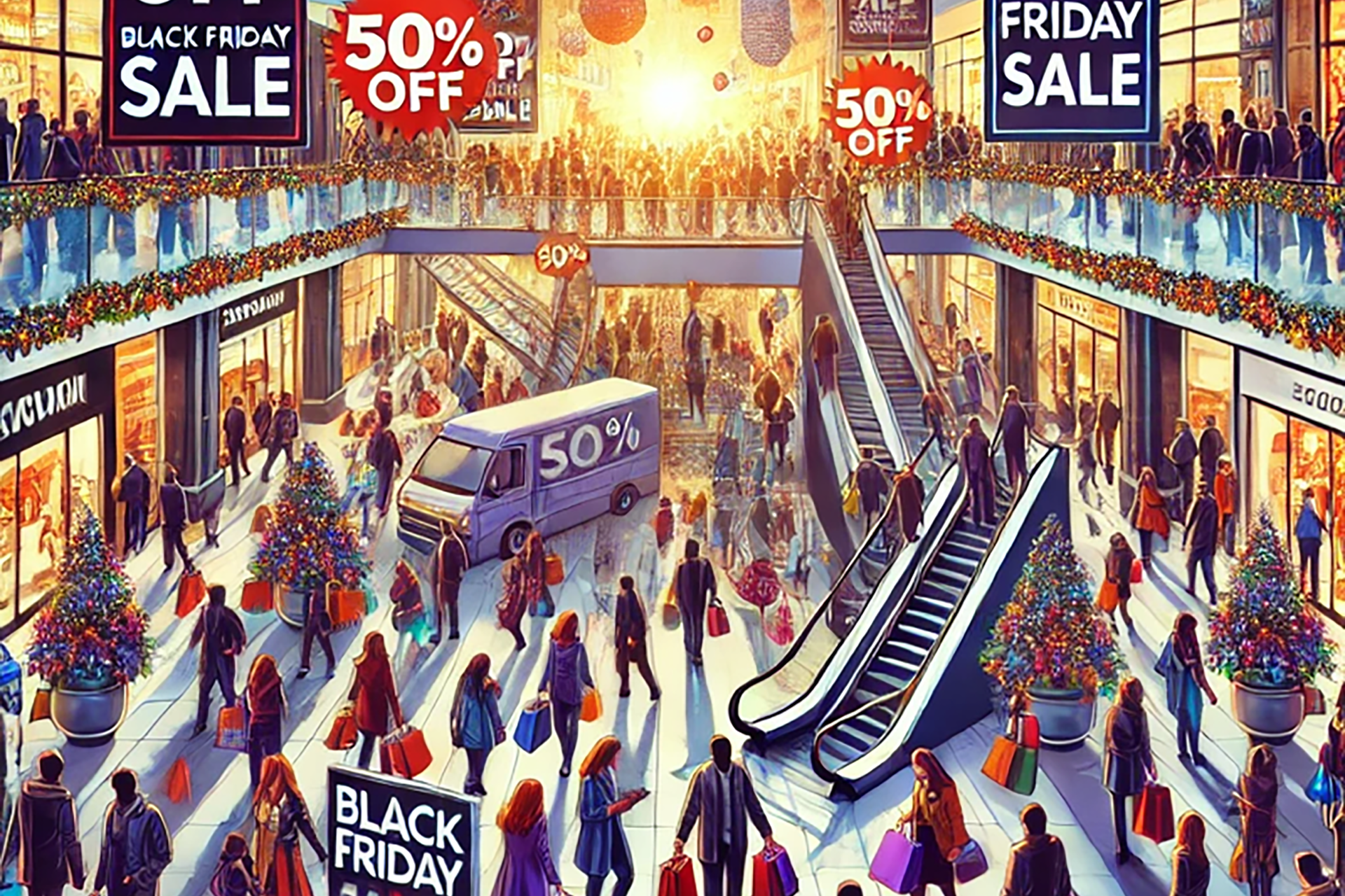Crowds shopping during Black Friday at a busy mall.