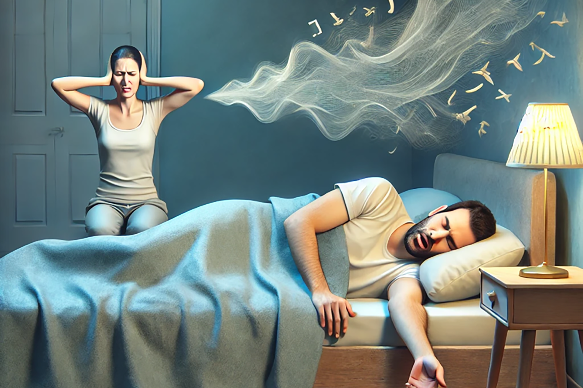Illustration of a man snoring loudly in bed while a frustrated partner covers her ears, visually depicting the disruptive impact of snoring on sleep quality and relationships.