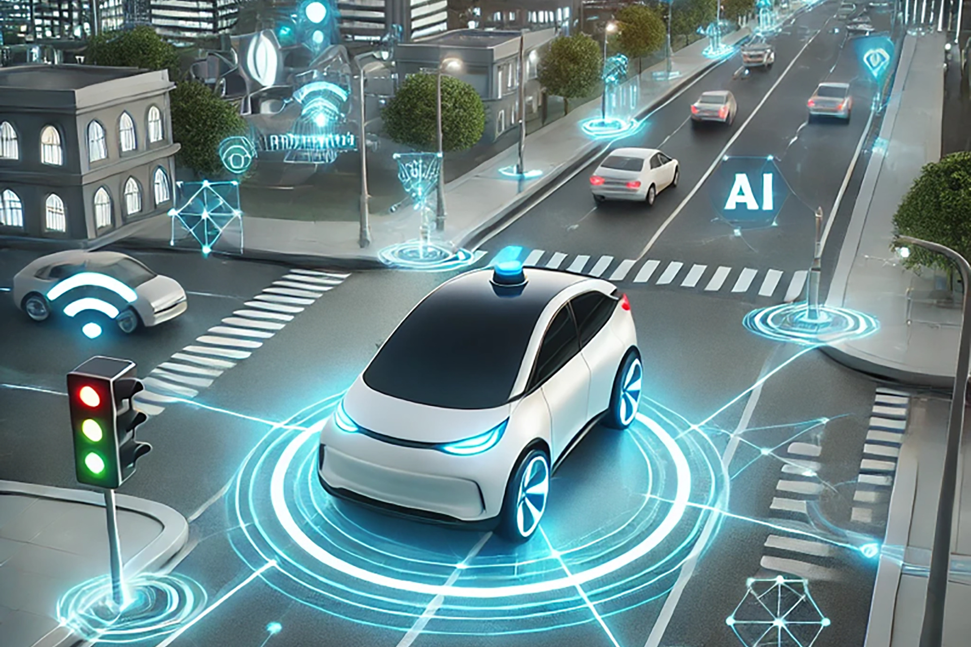 Self-driving car navigating city roads using AI technology