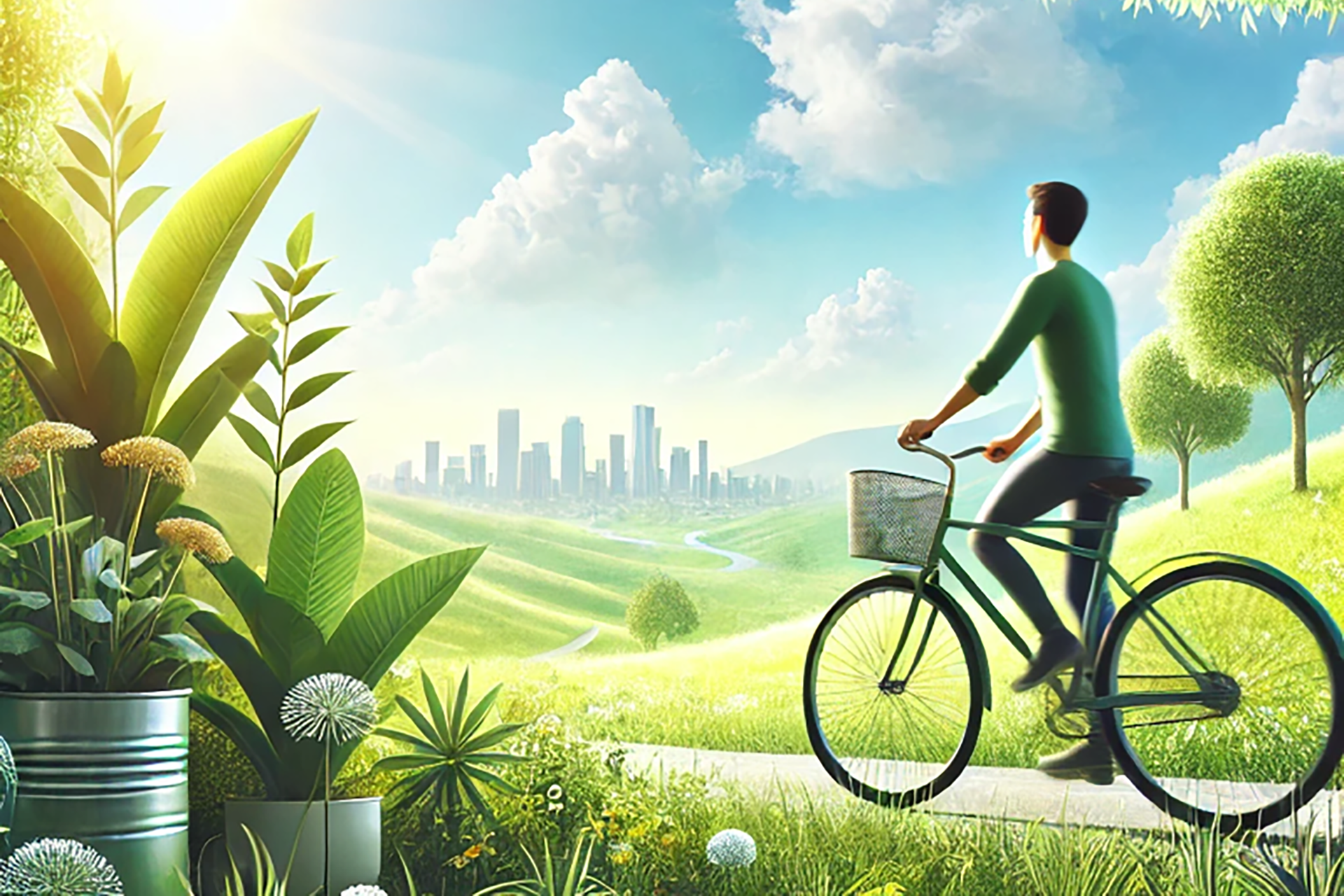 A person riding a bicycle on a sunny day, promoting eco-friendly transportation and sustainable living.